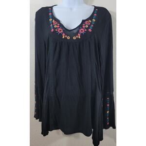 Hannah Black Embroidered Peasant Crochet Detail Top Medium Lightweight Flowy